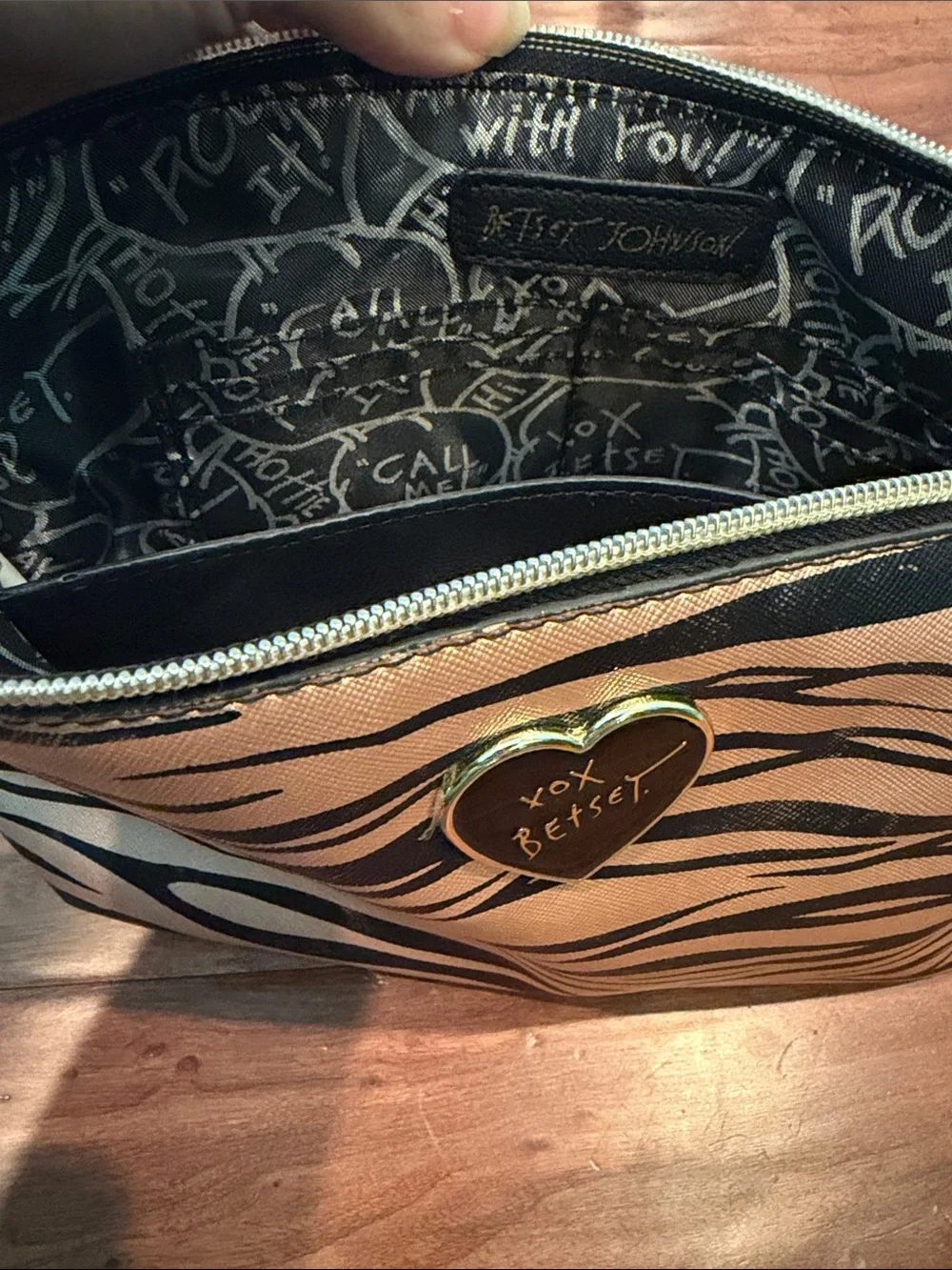 BETSEY JOHNSON Large Charging Wristlet Zebra Print Pouch Bag